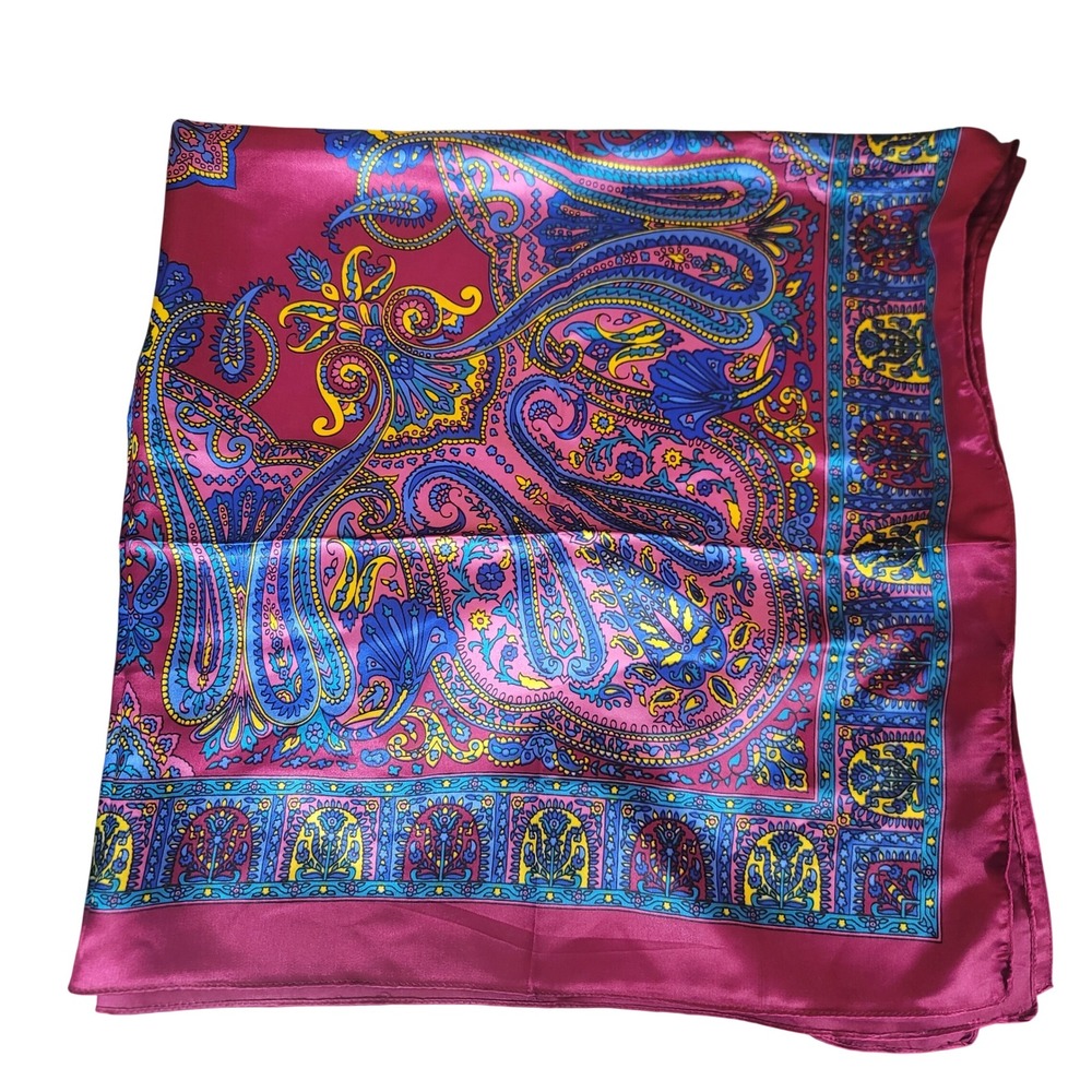 Stunning Vintage Style Magenta Paisley Floral Square Satin Scarf Large 41 Inch